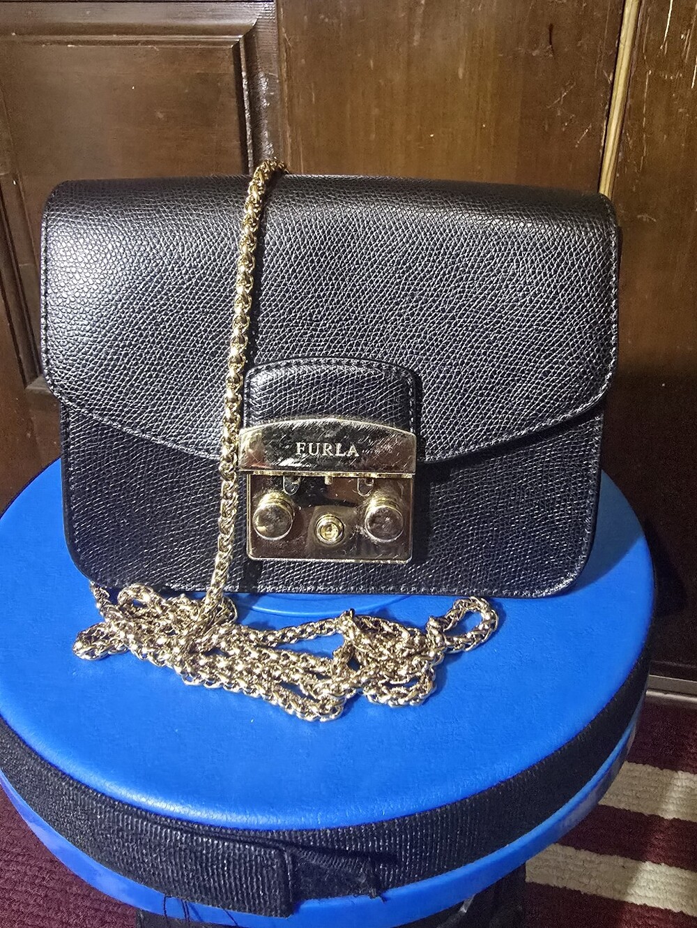Furla Black Leather Crossbody Gold-Tone Chain and Lock w/ Dust Bag
